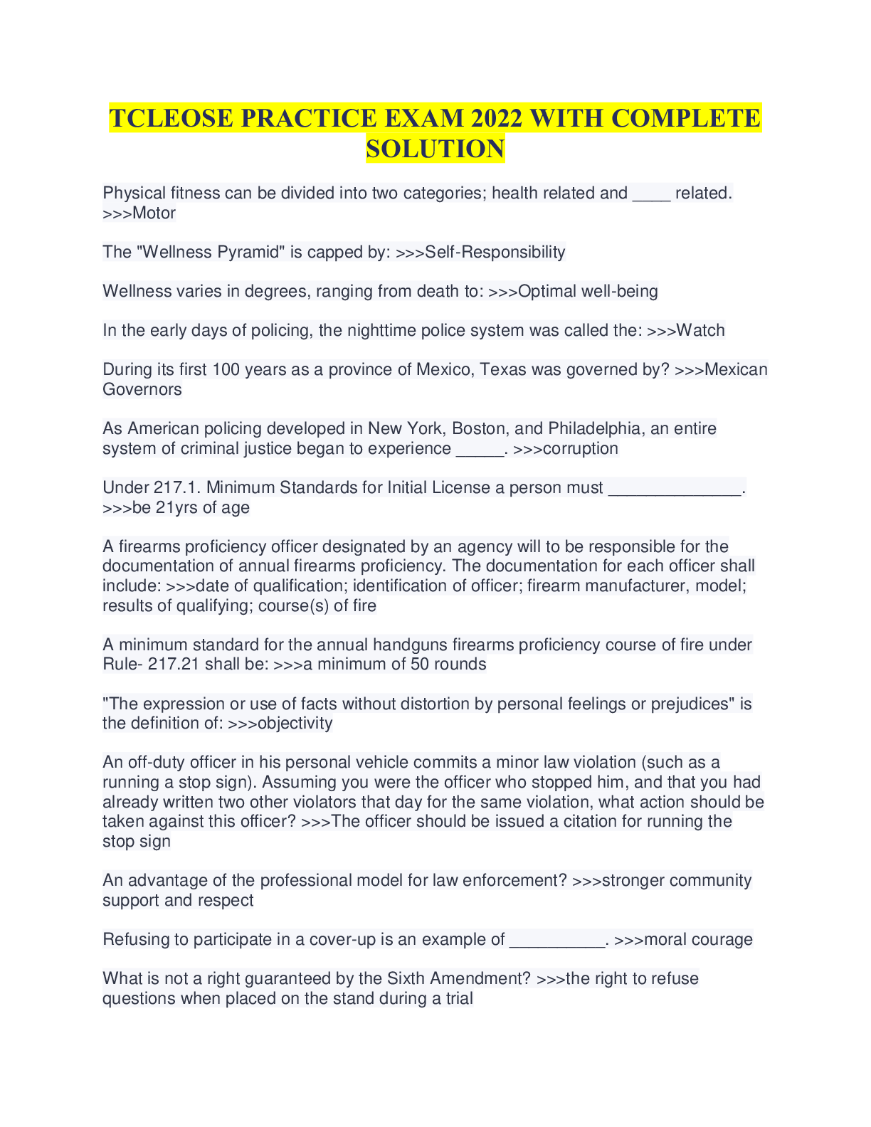 Preview image of TCLEOSE PRACTICE EXAM 2022 WITH COMPLETE SOLUTION document